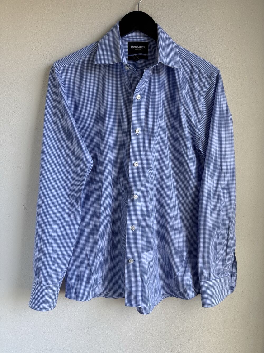 Bonobos Dress Shirt Men's Small Blue Gingham Slim Fit Wrinkle-Free Button